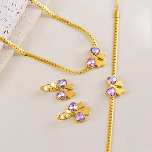 Trendy Stainless Steel Bowknot Heart Rhinestone Jewelry Set Gold Plated Necklace Earrings Bracelet For Women Fashion Jewelry