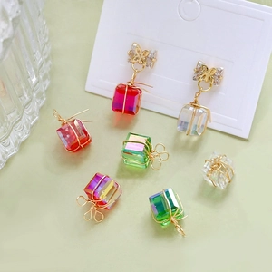 Colorful cube crystal earrings with gold wire wrap and elegant butterfly stud butterfly