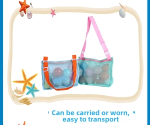 Close-up of adjustable straps and breathable mesh on colorful beach toy storage bags