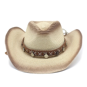 Beige woven straw cowboy hat with ethnic style headband and metal coin charms