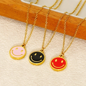 Smiley Face Pendant Necklace 18K Gold Plated Stainless Steel Enamel Round Charm Trendy Jewelry For Women Girls