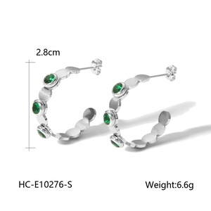 Silver 18K stainless steel C-shaped earrings with green stones, 2.8cm diameter