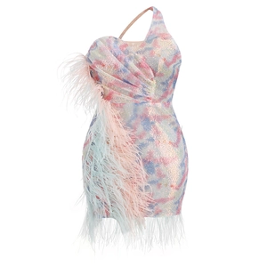 One-shoulder sequin mini dress with iridescent colors and ostrich feather trim