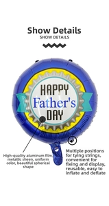 Detail of blue Father's Day foil balloon with circular badge pattern and metallic finish