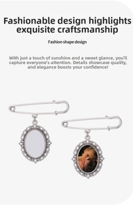Detail of silver oval lace photo brooches showing blank frame and custom photo display