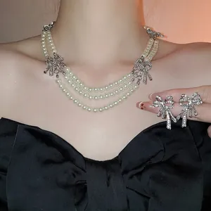 Elegant Bowknot Layered Artificial Pearl Necklace And Butterfly Rhinestone Earrings With 925 Sterling Silver Earring Post For Women