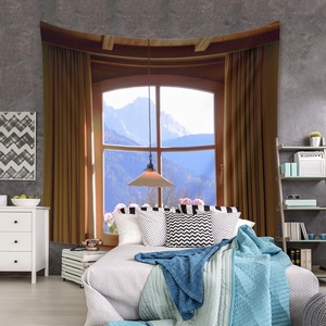 Detail of bedroom wall tapestry featuring realistic window landscape and mountains