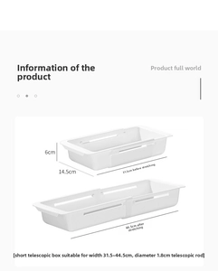Adjustable white sink organizer showing extension range from 31.5cm up to 44.5cm length
