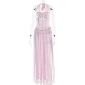 Pink halter neck pleated maxi dress with corset waist and sheer tulle skirt detail