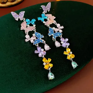 Vintage Butterfly Dangle Earrings Alloy Colorful Rhinestone With Silver Earring Post Retro Long Drop Elegant For Women