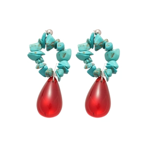 Bohemian silver needle drop earrings with turquoise stones and red crystal pendants