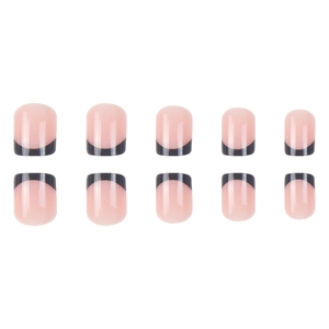 Unghie finte french nude rosa con punte nere lucide, set da 10 pezzi con design rotondo