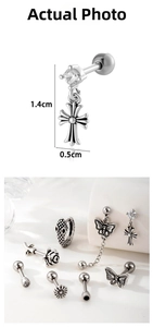 Detailed size chart and close-up of Gothic silver butterfly and cross earrings set