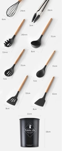 Detailed size dimensions of 11-piece silicone kitchen utensil set with wooden handles