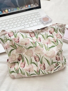 Trousse à maquillage en toile à motif tulipes roses avec fermeture éclair et grande capacité