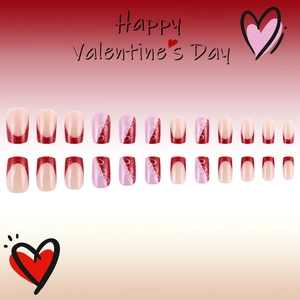 24er-Set Valentinstag Kunstnägel mit rotem Glitzer, French-Tips und Herz-Motiven