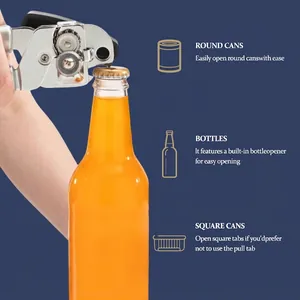 Manual 3-in-1 stainless steel can opener with ergonomic non-slip handles for kitchen use