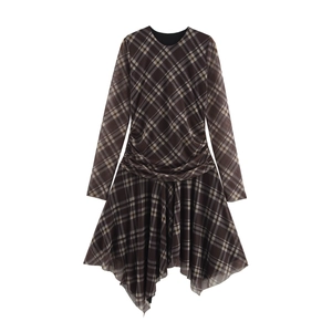 Dames Plaid Mesh Midi Jurk Lange Mouwen Onregelmatige Zoom Ronde Hals Hoge Taille Geplooide Slanke Pasvorm Retro