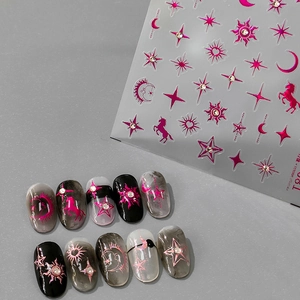 Nail Art Stickers 3D Embossed Metallic Hot Pink Star Moon Unicorn Self Adhesive Manicure Decals With Rhinestones DIY