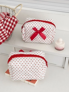 Sweet Quilted Cotton Makeup Pouch Red Heart Print Bowknot Ruffle Trim Korean Ins Style Portable Cosmetic Storage Bag