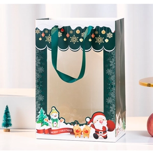 Weihnachts-Geschenktüte mit Sichtfenster, Weihnachtsmann-Motiven und Seidengriffen