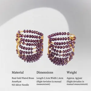 Handmade purple crystal beaded C-shaped hoop earrings with gold-plated wire wrapping