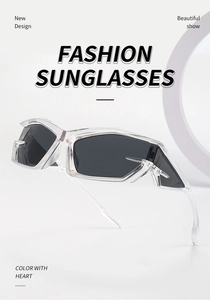 Close-up of futuristic Y2K sunglasses with clear geometric frames and dark gray lenses