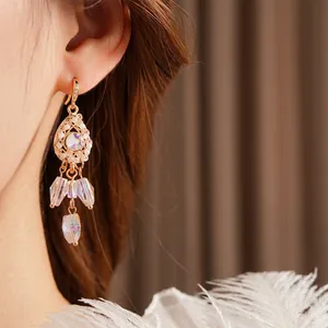 Vintage gold teardrop heart tassel earrings with colorful crystals and elegant ear hooks