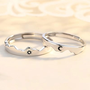 Adjustable sun and moon couple rings with mountain edge design in silver finish