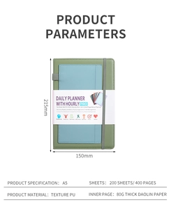 A5 size daily planner dimensions showing 215x150mm on textured PU leather cover