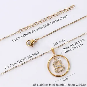 Polished gold stainless steel necklace with sparkling zircon number 8 circular pendant charm