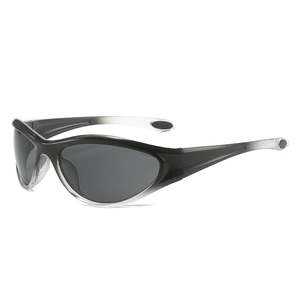 Y2K sporty wrap-around sunglasses with black to clear gradient frames and dark grey lenses