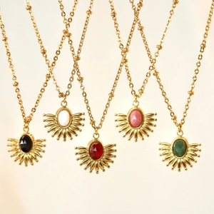 Sunburst Pendant Necklace Natural Stone Inlaid Gold Plated Stainless Steel Bohemian Fan Shaped Jewelry For Women