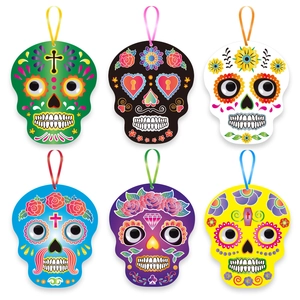 Set of 6 colorful Day of the Dead skull hanging decorations with vibrant floral patterns