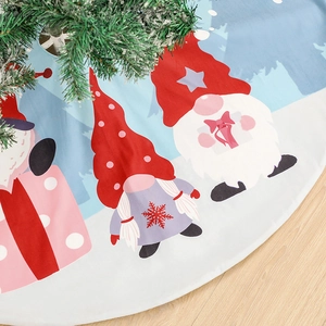 Christmas tree skirt with festive gnome patterns and colorful holiday decorations