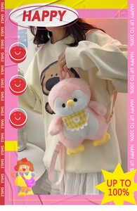 Close-up of cute pink plush penguin backpack featuring yellow plaid bib and daisy detail