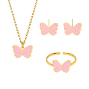 Pink butterfly jewelry set for kids including golden necklace earrings and ring
