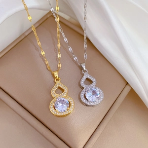 Luxury titanium steel calabash necklaces with micro-pave diamonds in gold and silver