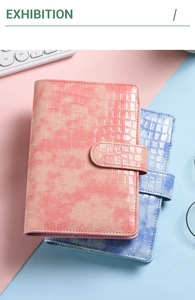 Detail of pink and blue gradient crocodile embossed leather binders with magnetic closure