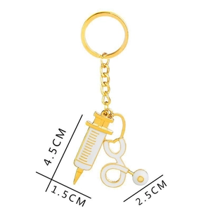 Detailed size view of gold syringe and stethoscope keychain with white enamel charms