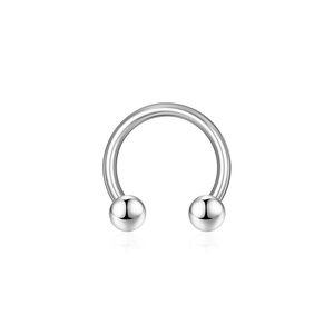 Polished silver stainless steel horseshoe barbell with round beads on white background