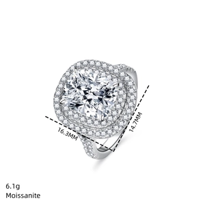 Macro shot of 4-carat cushion-cut moissanite ring with halo setting in silver