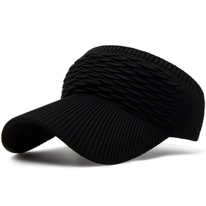 Detail of black knitted visor hat showing rib-knit brim and wavy textured breathable fabric