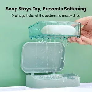 Double-layer drainage soap dish with clear teal tray and solid base for bathroom