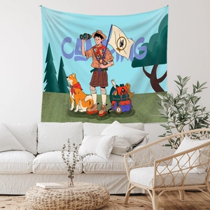 Détail de la tenture de camping avec motifs d'un garçon scout et d'un chien Shiba Inu