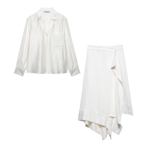 Women Acetate Satin Shirt And Asymmetrical Skirt Long Sleeve Embroidered Pocket Button Down High Waist Elegant Outfit