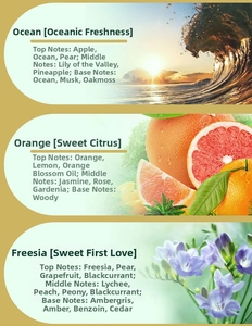Detailed aromatic profile showing Ocean, Orange, and Freesia scent notes for the diffuser