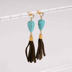Parure rétro en acier inoxydable avec gouttes turquoise et pompons en cuir