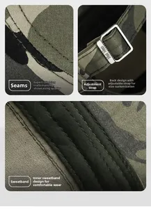 Detailed close-up of tactical camo hat stitching and adjustable metal buckle strap