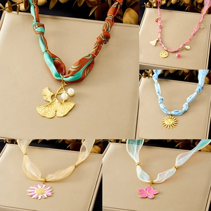 Flower Ginkgo Sun Face Pendant Necklace Stainless Steel Satin Ribbon Fabric Cord Bohemian Chic Jewelry For Women